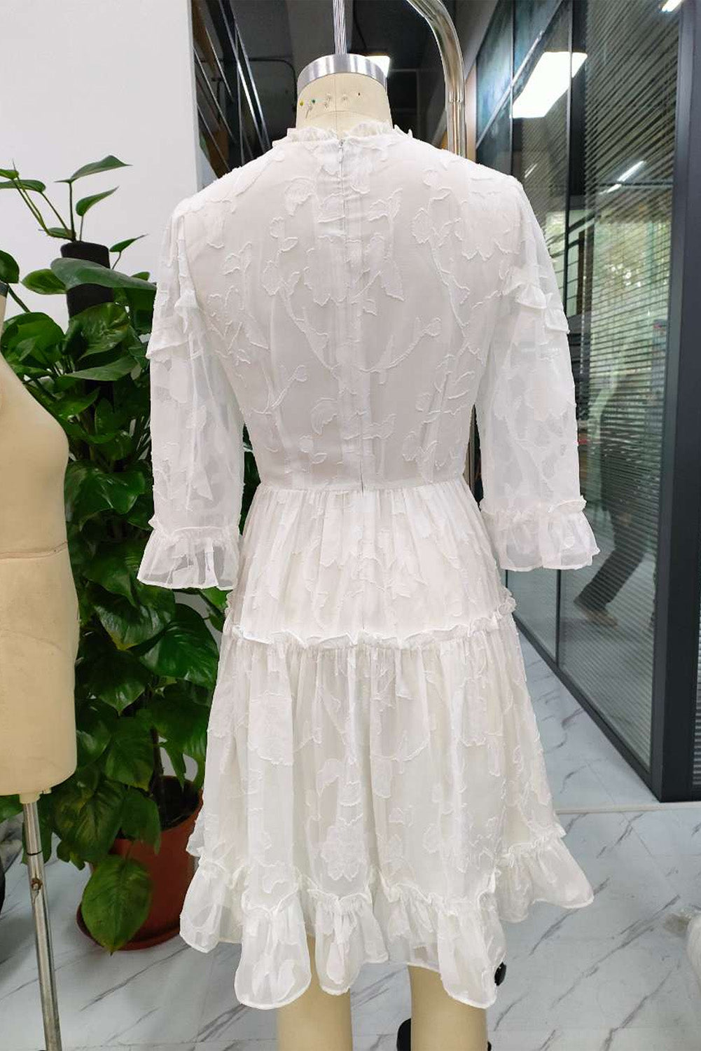 White Sheer Jacquard Ruffle Trim Half Sleeve Dress