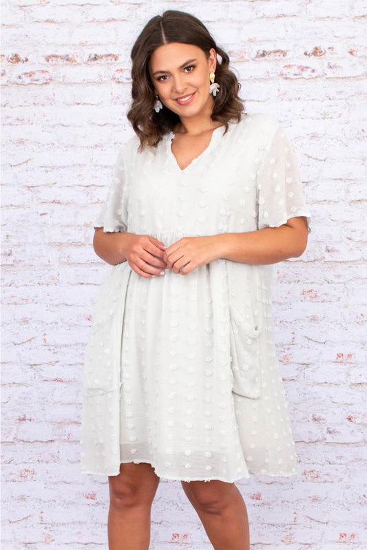 White V Neck Pompom Babydoll Style Short Sleeves Flowy Mini Dress with Pockets